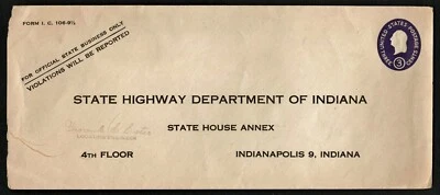 US 1950 #U534d - 3c #10 Stamped Envelope Cover Indiana State Highway Dept Unused - Image 1 of 2