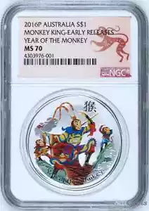 2016 P Australia COLORIZED Silver Lunar Year of Monkey KING NGC MS70 1oz Coin - Picture 1 of 4