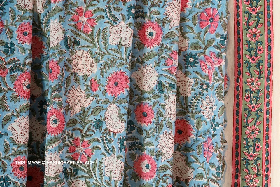 Indian Hand Block Print Flower Beautiful Blue 100% Cotton Women Dress Fabric Art - Image 1 of 4