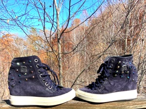 Scarpe con zeppa RucoLine blu scuro in pelle scamosciata e strass taglia 37 = taglia USA 6,5 - Foto 1 di 17