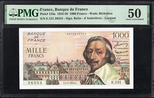 France 1000 Francs P134a 1953-56 PMG50 aUNC Banknote French Currency BEAUTIFUL - Picture 1 of 2