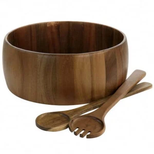 Elite 3 Piece Acacia Wood Salad Bowl and Spoon Set in Brown - Picture 1 of 3