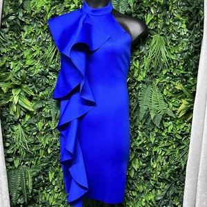 EYE CATCHING Dress Women Blue Large Ruffle High Neck Scuba Stretch Trendy 2574 - Picture 1 of 6