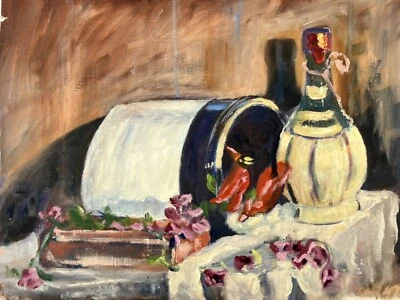 Vtg Oil On Canvas Painting Folk Art Still Life Cardinals Bottle 12x16” Art - Image 1 of 4