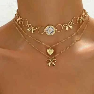 18K Gold Plated 3Pcs Statement Necklace With Vintage Watch Feature - Picture 1 of 5