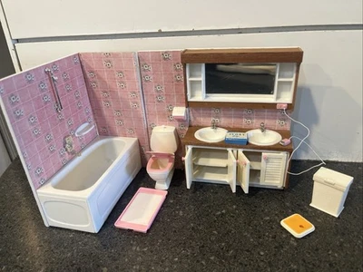 Vintage Lundby 1970 Dollhouse Bathroom Set Pink Tiled Bath Vanity Toilet - Image 1 of 4