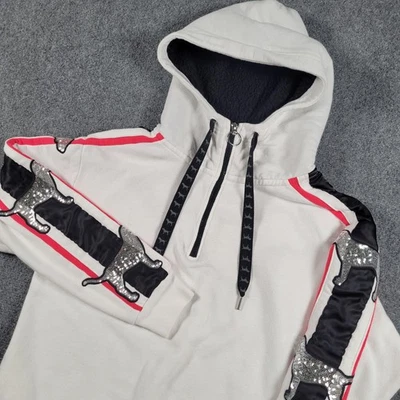 PINK Victoria's Secret Hoodie Womens XS White Sherpa Lined 1/4 Zip Sequin Dog - Image 1 of 4