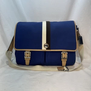 Bolso Mensajero Coach Voyager en Lona Azul con Borde de Cuero Marrón Preppy - Imagen 1 de 21