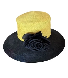 Sombrero tejido Patricia Underwood NY vintage años 90 dos tonos negro y amarillo con flor - Imagen 1 de 12