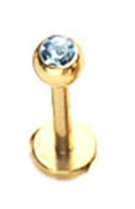 Labret Chin Stud Gold IP Aqua 5mm Gem Ball 14 Gauge 5/16" SET of 2 - Picture 1 of 3