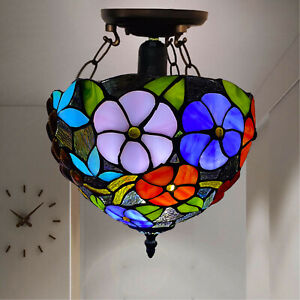 Tiffany Flowered Style 10 inch Ceiling Lamp Multicolored Stained Glass Shade