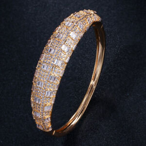 Elegant Cubic Zircon Yellow Gold Round Cuff Bracelet Bangles for Bridal Wedding
