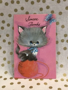 Vintage Greeting Card Thank You Kitty Cat Yarn Butterfly Unused + Envelope - Picture 1 of 10
