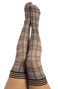 Kixies Sophisticated Tan Black Thigh High Stockings No Slip Grips Size A NEW - Picture 1 of 4