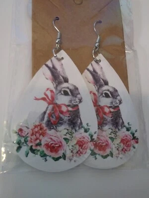EASTER GRAY & WHITE BUNNY & FLOWERS PU LEATHER DOUBLE SIDED FISHHOOK EARRINGS - Image 1 of 2