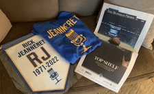 2021-22 Buffalo Sabres Rick Jeanneret Mini Banner, T-Shirt & 4/29/22 Newspaper