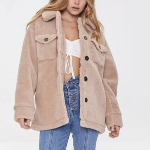 Forever 21 Women’s Sz L Faux Shearling Button Up Coat Basic Collar Taupe - Picture 1 of 5
