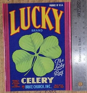 ADVERTISING Label Crate Celery Lucky Brand Bruce Church Salinas California Irish - Picture 1 of 1