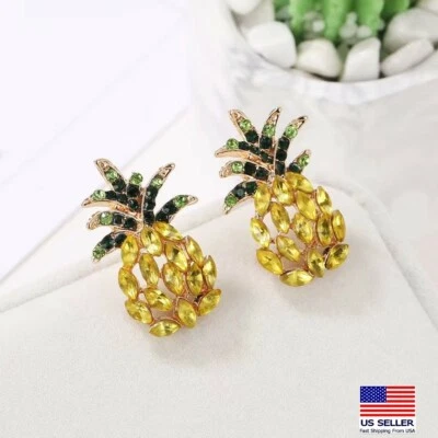 Fashion Women Crystal Jewelry Earrings Big Gold Pineapple Cool Style Studs 0434 - Image 1 of 4