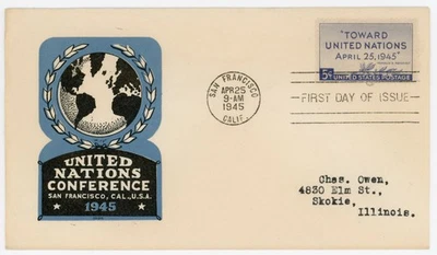 1945 - Scott #928 -UNITED NATIONS CONFERENCE FDC -  IOOR CACHET - Image 1 of 2