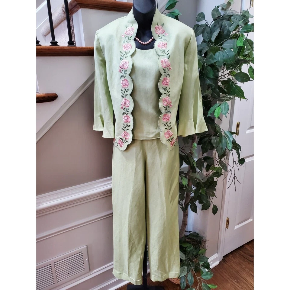 Женский зеленый однобортный блейзер, топ и брюки Coldwater Creek 3 шт. костюм 8 - Изображение 1 из 4