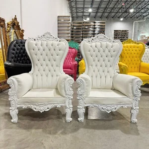 French Style White Leather Throne Chair Midsize Tufted Chair - Picture 1 of 7