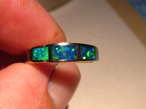 Anillo con incrustación de ópalo, oro blanco sólido de 14 k, talla 8, gema brillante ópalo - Imagen 1 de 9