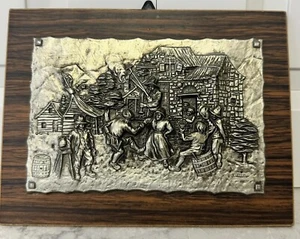 Folk Artist PEWTER 3D Plaque Mounted on Wood, Relief Plaque J. Muller - Picture 1 of 8