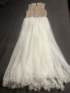 Girl’s White Gold Sequin Formal Maxi Dress Gold White Tulle Dress Girls Size 10 - Picture 1 of 7