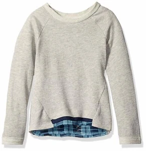 kensie Girls' French Terry and Plaid Chiffon Sweatshirt, 1599 Heather Grey, 7/8 - Picture 1 of 2