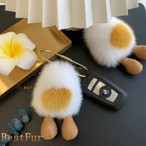 Cute Real Mink Fur Egg Keyring Toy Fur Ball Pompom Bag Car Phone Pendant Gift - Picture 1 of 18