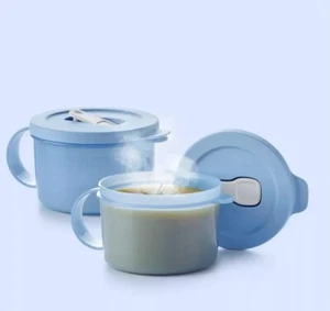 2 tazze da zuppa Tupperware Crystalwave sicure per microonde manici 16 once blu chiaro nuove - Foto 1 di 7