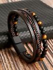 Men's Brown PU Leather Layered Braided Stone Beaed Bracelet Wristband Bangle