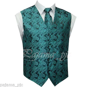 Teal Mermaid Green XS to 6XL Paisley Tuxedo Suit Dress Vest Waistcoat & Neck tie - Picture 1 of 4