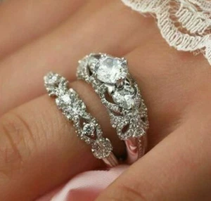 Wedding Bridal Ring Set 14K White Gold Plated 2.4 Ct Round Simulated Diamond - Picture 1 of 7