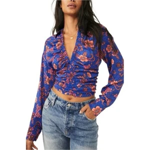 Free People I Got You Print Crop Top long sleeve Retro Y2K In Royal Small NWOT - Picture 1 of 8