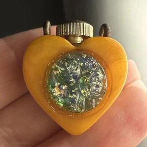 Vintage Hand Blown Glass Bakelite Perfume Bottle Heart Pendant - Picture 1 of 9