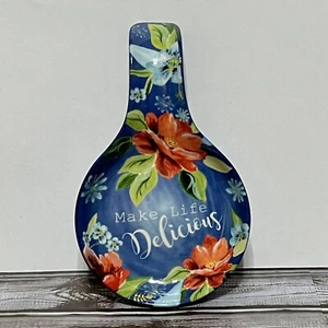 The Pioneer Woman Cobalt Blue Spring Bouquet Spoon Rest, “Make Life Delicious” - Picture 1 of 3