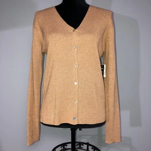 J.A.C. Women 80% Silk Blouse Large Gold Metalic Button Up V Neck Long Sleeve NWT - Picture 1 of 15