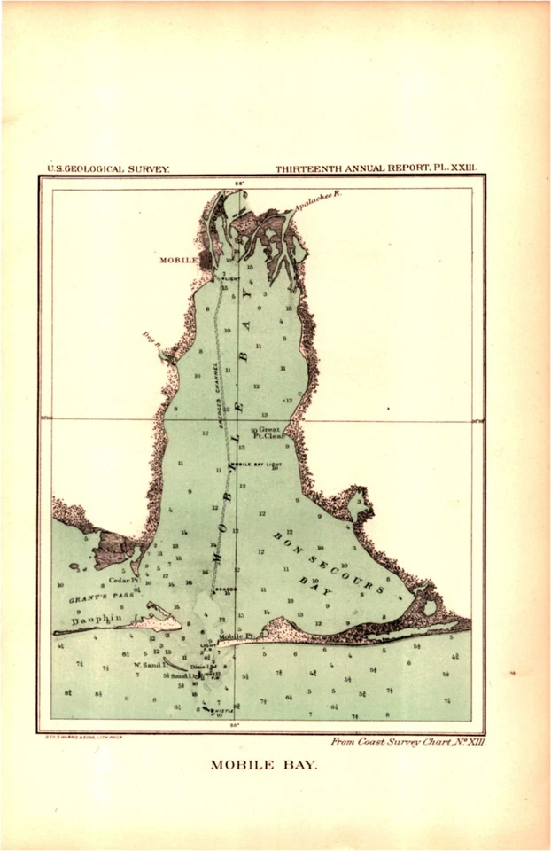 BAHÍA MÓVIL, ALABAMA, COSTA DEL GOLFO, PUERTO, GEOLOGÍA Mapa náutico antiguo 1893 Foto 1 de 1