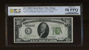 DBR 1928-B $10 LGS FRN Chicago Fr. 2002-Glgs PCGS-B 58 PPQ Serial G35394186A - Picture 1 of 2