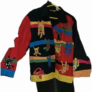 VTG 90s Keren Hart Colorful Cats Linen Blend Novelty Jacket Sz XLG Karen Kittys - Picture 1 of 15