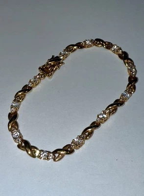 "Brazalete de tenis con piedras preciosas de corte redondo tono oro plata esterlina maciza Estate 7,25""" Foto 1 de 4