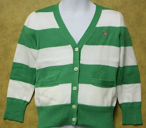 Ralph Lauren Sweater Cardigan Girls Cotton Striped V Neck Green White SOFT NEW - Picture 1 of 3