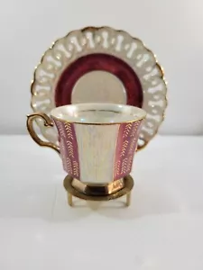 Vintage Tea Cup & Saucer Set Pearl Luster Ruby Red & Gold Reticulated Japan - Picture 1 of 8