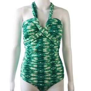 Merona Green and White Tie-Dye Center Halter V-neck One-Piece Swimsuit  - Picture 1 of 14