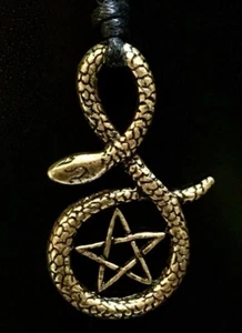 Snake Pentagram Bronzed Pewter Metal Pendant Gothic Biker Surfer adjustable cord - Picture 1 of 2