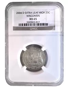 2004-D 25C Wisconsin State Extra LEAF HIGH Washington Quarter NGC MS65 Coin 822 - Picture 1 of 2