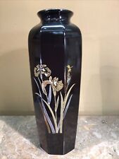 Vtg. Asian Porcelain Black Vase w/ Floral & Dragonfly￼ 11”tx4”w Made in Japan