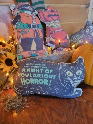 Primitive Farmhouse Retro Halloween Pillow Spooky  Black Cat Shelf Sitter - Image 1 of 4